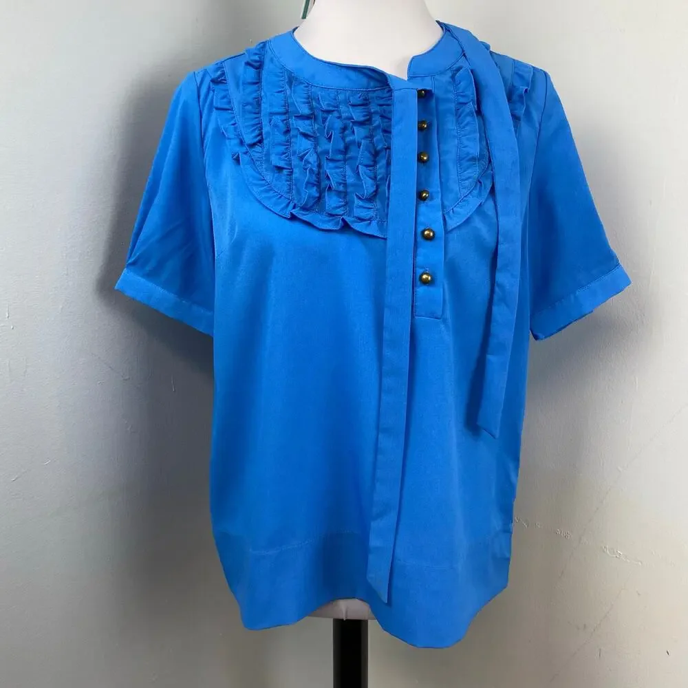 Tulip B Boutique Royal Blue Short Sleeve Ruffle Neck Tie Pussybow Blouse Large